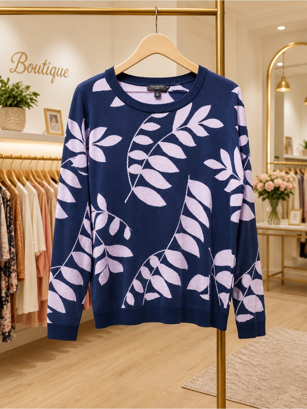 NWOT Talbots Navy Sweater with Purple Leaf Jacquard